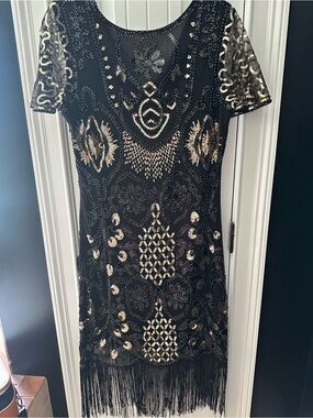 Black Sequin Fringe Short Sleeve Dress